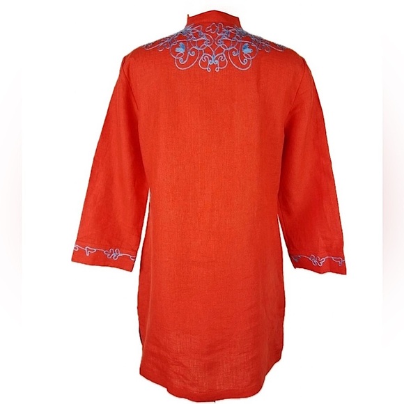 Brooks Brothers Red Linen Tunic Top with Blue Embroidery  & Pockets 10 - Picture 4 of 13